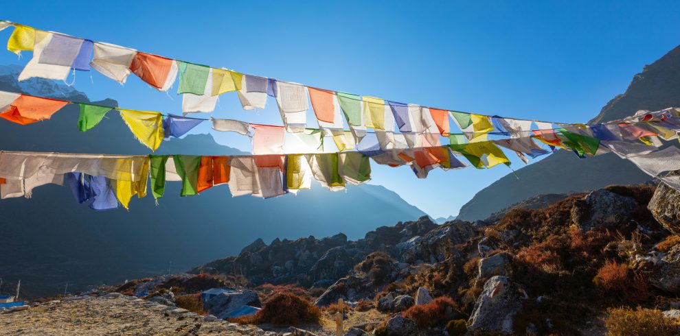 Vibrant prayer flags under blue sky in the serene Langtang Valley, Nepal.